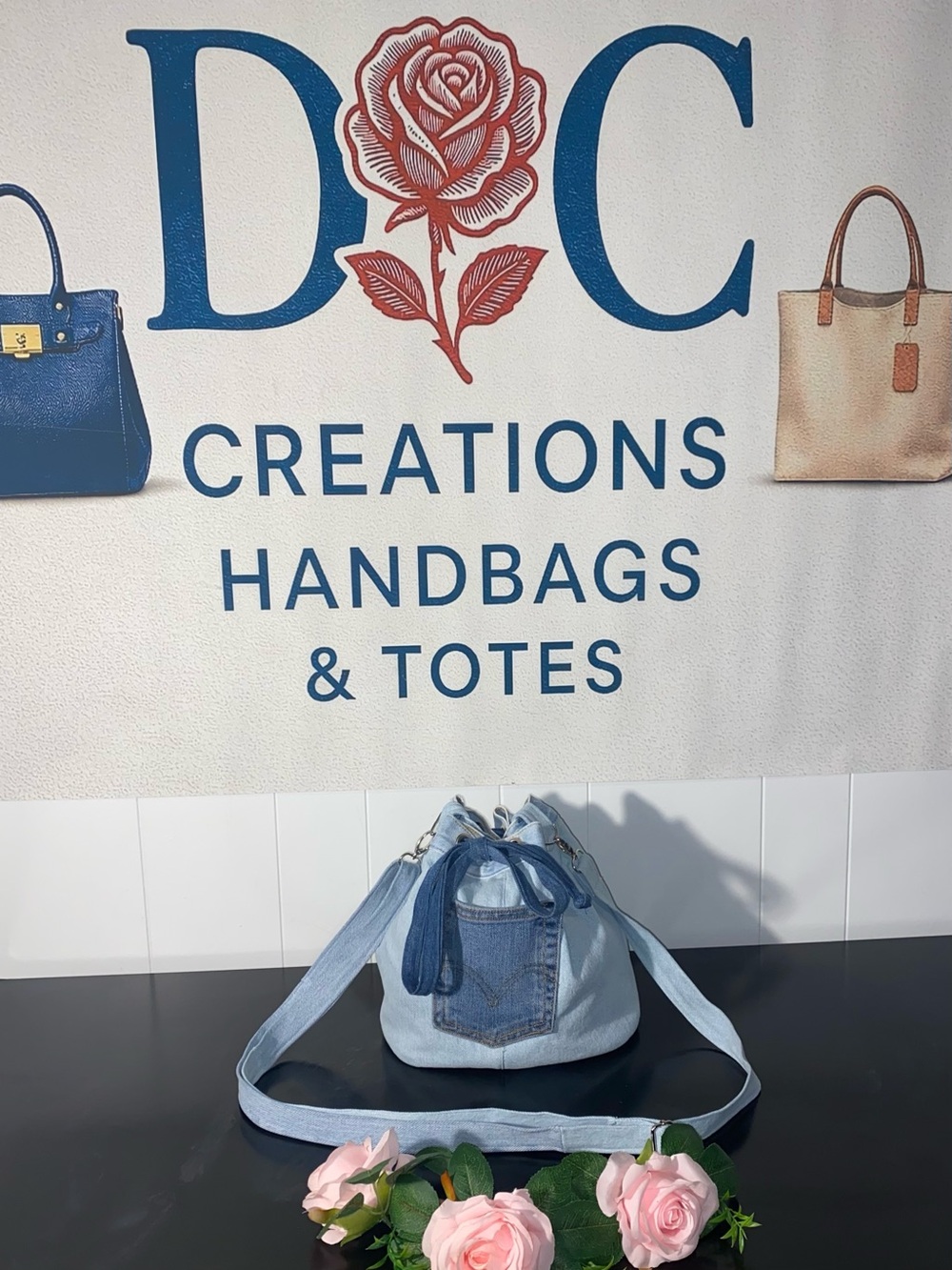 Light Blue Denim Drawstring Crossbody Bag - Women